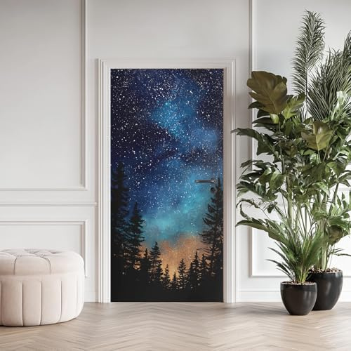 Blau Sternenhimmel Türtapete Türposter Türfolie Selbstklebend PVC, Fantasie Galaxie Türaufkleber Abnehmbar Wasserdicht 80x200 cm, Wald Natur Fototapete für Tür Wohnzimmer Kinderzimmer
