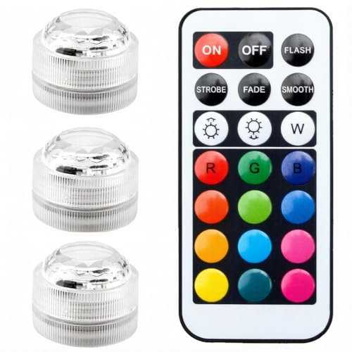 Mini Submersible LED Lights Waterproof Pool with Remote Battery Operated Flameless Lamps Color Changing Underwater for Aquarium Pond Fishtank Party Christmas Halloween (Colorful, 3 PCS)