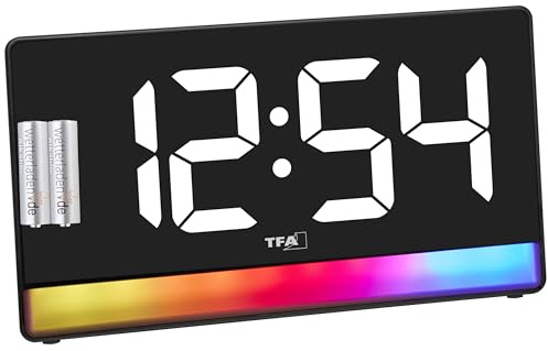TFA Dostmann Wecker digital mit Stimmungslicht, 60.2051, Farbverlauf oder 8 Farben, 4 Helligkeitsstufen, Alarm mit Snooze, gut ablesbar, Ladefunktion (Schwarz mit Batterien)