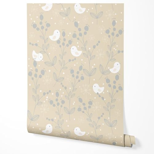 GP TONER Vliestapete Vögel Blumen Beige Pastell Natur Muster Zartes Skandi Design Wandtapete Babyzimmer Kinderzimmer Neutral Dekor UV-beständige Tapete 10m x 0,5m
