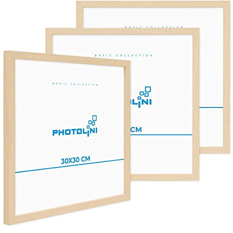 PHOTOLINI Cadre 30 x 30 bois MDF naturel, lot de 3 cadres photo pour posters et affiches, verre acrylique incassable, décoration murale à suspendre, avec accessoires supplémentaires