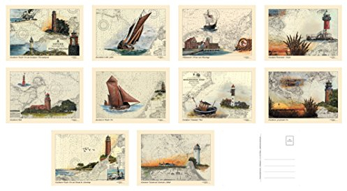 Maritimes Postkarten/Grußkarten/Sammel-Set von Thomas Kubitz mit den Motiven 'Ostsee Mecklenburg-Vorpommern I' (Leuchttürme, Zeesboot, Schiffe, Seemotive auf historischen Seekarten)