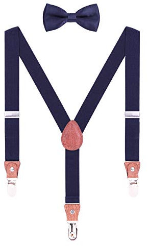 WANYING Hosenträger Fliege Set für Kleinkind Kinder Jungen Mädchen 3-8 Jahre alt Y Form 3 Clips Breite 2,5cm Elastische Hosenträger - Einfarbig Dunkelblau