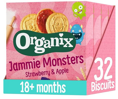 Organix Jammie Monsters Strawberry & Apple Biscuits, Organic Toddler Snack, 18+ Months, Multipack, 8 x 8 g Biscuits Per Box (4 Boxes Total)