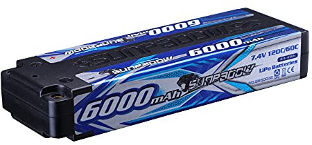 SUNPADOW 2S RC Lipo Battery 7.4V 120C 6000mAh Hard Case with 4mm Bullet for RC 1/10 Vehicles Car Truck Tank Boat Truggy Racing Hobby