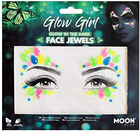 Glow in the Dark Face Jewels by Moon Glow - Festival Face Body Gems, Crystal Make up Eye Glitter Stickers, Temporary Tattoo Jewels (Glow Girl)