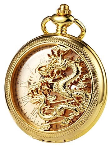 TREEWETO Unisex Taschenuhr mit Kette Analog Handaufzug Mechanisch Antik Drache Skelett Für Herren Damen Gold