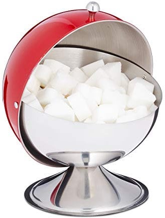 Relaxdays Zuckerdose, mit Rolldeckel, glänzender Edelstahl, für Zucker & Süßigkeiten, Bonbondose, Zuckerkugel, rot, 1 Stück
