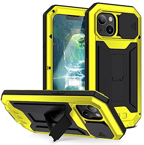 for iPhone 13 Mini Full-Body Case with [Kickstand] [Slide Camera Lens Cover] Rugged Shockproof Heavy Duty Metal Armor Hybrid Tough Cover with Tempered Glass, Supports Wireless Charging (Yellow)