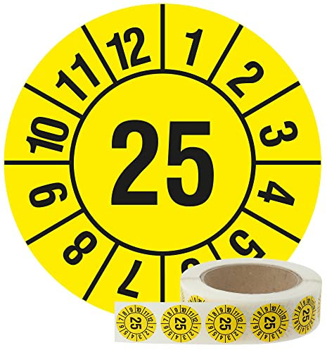 Jahresprüfplakette 2025 - Ø 30 mm, 1.000 widerstandsfähige Prüfplaketten auf Rolle, Polyethylen, gelb-schwarz, selbstklebend, Jahresplakette