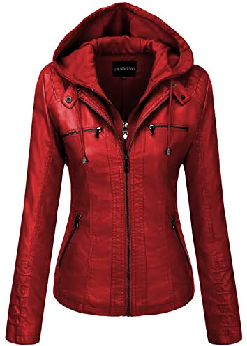 Tanming Womens Faux Leather Jacket Hooded Moto Biker Coat Outerwear Fall Fashion Outfits Winter Clothes