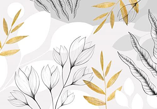 decomonkey - Papier Peint Panoramique Plante 400x280 cm - Décoration murale moderne – Tapisserie décorative pour chambre salon - Géométrie nature plantes feuilles minimalisme fleurs doré