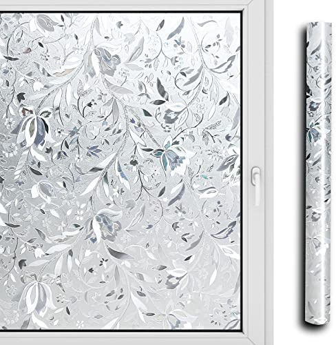 Ikodm Blumen Sichtschutzfolie 60x200cm Statische Keine Klebefolie Selbstklebend 3D Laser Fensterfolie Sonnenschutzfolie Fenster für Innenmontage Zuhause Badzimmer