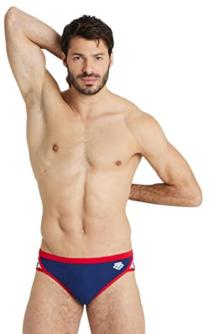 ARENA Men's Icons Solid Swim Briefs Professional Training Swimsuit Sports Trunk, Navy/Red Multi, 36A