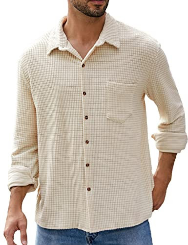 PAODIKUAI Herren Retro Kurzarm Cordhemd Casual Button Down Shirts Hemd Herren, C-Lang-Aprikose, L