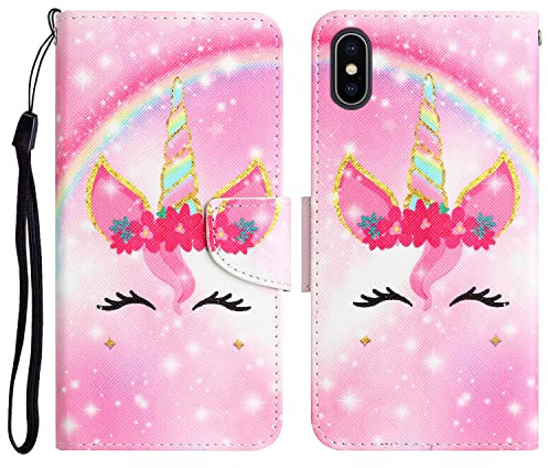 For iPhone X/XS Case Shockproof Cute Pattern with Credit Card Holder Stand Women Kids Leather Flip Folio Wallet Protective Phone Cover Compatible with iPhone X/XS - Unicorn