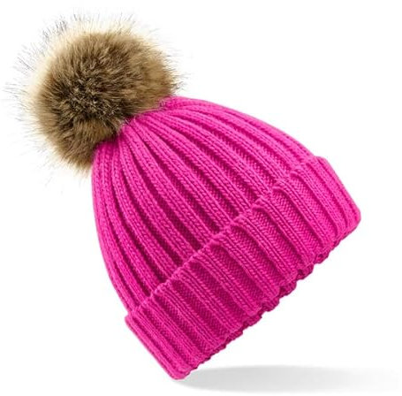 COOZO Unisexo Gorro Grueso con Pompones De Piel Sintética - Fucsia - Talla Única