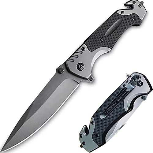 Klappmesser Taschenmesser G10 Griff Survival Messer mit Glasbrecher & Gurtschneider, 3 In 1 Überlebensmesser Einhandmesser Outdoor Messer Rescue Messer mit Gürtelclip für Camping, Angeln (Type-2)