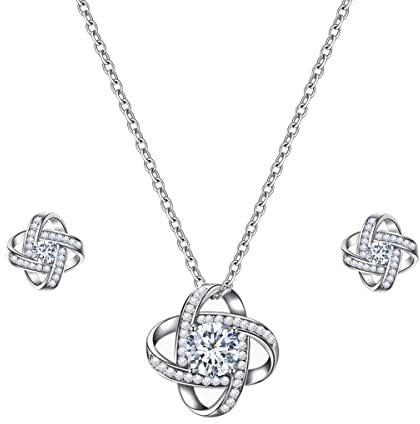 Emibele Glücksklee Schmuckset von Ohrstecker & Halskette für Mama, Weißgold Plattiert Halskette für Damen, Kubisch Zirkonia Ohrstecker für Damen Muttertag Schmuck Geschenke