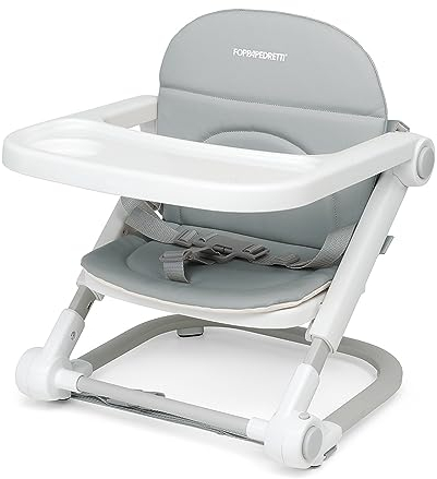 Foppapedretti Seggiolino Alzabimbo Lift, bambini da 6 mesi a 3 anni (fino a 15 Kg), Vassoio Amovibile, Chiudibile e Trasportabile, Borsa Inclusa, Imbottitura Removibile e Lavabile, 3 Altezze, Grigio