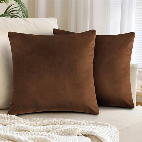 Hafaa Kissenbezüge, 45 x 45 cm, Pannesamt, quadratisch, dekorativ, weich, für Sofa, Couch, Schlafzimmer, mit unsichtbarem Reißverschluss, Braun, 45 x 45 cm, 2 Stück