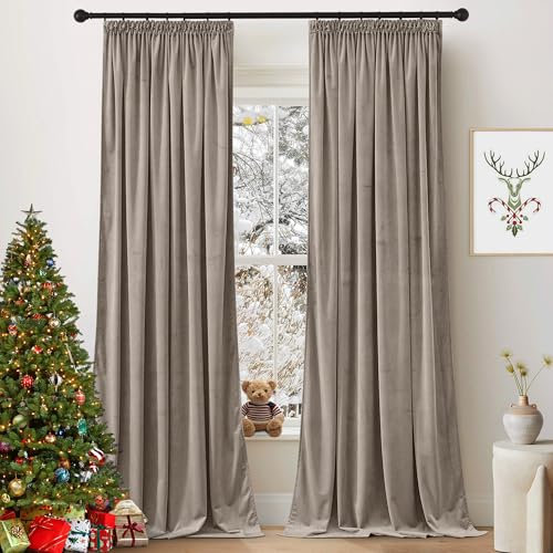 PONY DANCE Samt Gardinen Wohnzimmer Modern Samtvorhang Taupe (Gewicht: 300g/m²) Verdunkelnde Vorhänge mit Kräuselband fr Schienen Thermovorhang Kälteschutz, 2er Set H 240 x B 132 cm