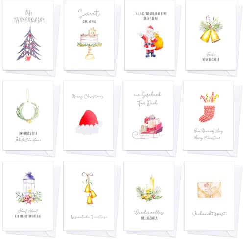 Zoyomax Weihnachtskarten, 12 Stück Weihnachtskarten mit Umschlag Set, A6 Klappkarten für Weihnachten, Weihnachtspostkarten Weihnachtskarten Klein mit Aufkleber für deine Weihnachtsgrüße