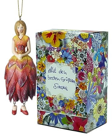 Fiebiger Floristik Blumen-Mädchen Proteamädchen rot-gelb zum Hängen Elfen-Dekofigur Flower Fairy Figur Blumenfigur Skulptur Blumenkinder in Geschenk-Box