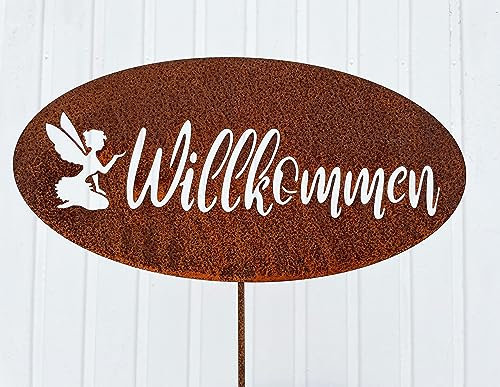 STEINFIGURENWELT GIEBEN Schild Willkommen mit Elfe zum Stecken 40x20cm + Stab Edelrost Gartenstecker Gartendeko Rost Tafel Spruchtafel Metall Türdekoration Geschenk