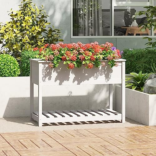 Blumenwanne Pflanztisch Balkonschrank Pflanzkübel Blumenkübel Hochbeete für Garten Pflanzkübel mit Ablage Weiß 111,5x54x81 cm Massivholz Kiefer Geeignet für Gartenbalkone im Freien