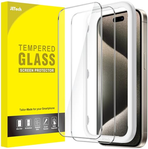 JETech Protector de Pantalla para iPhone 15 Pro Max 6,7 Pulgadas, Sin Burbujas, Cristal Vidrio Templado, con Marco de Instalación Fácil, Amigable para Funda, HD Transparente, 2 Unidades