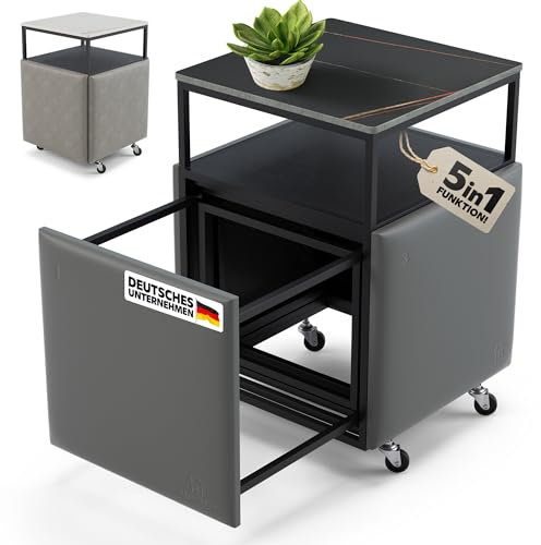 Heimtrend 4 Hocker mit Beistelltisch - Jetzt Platz Sparen! [5 in 1 Cube Anthrazit/Schwarz] Couchtisch, Wohnzimmertisch, Sitzhocker – für mehr Ordnung und Stauraum im Wohnzimmer, Esszimmer, Gästezimmer