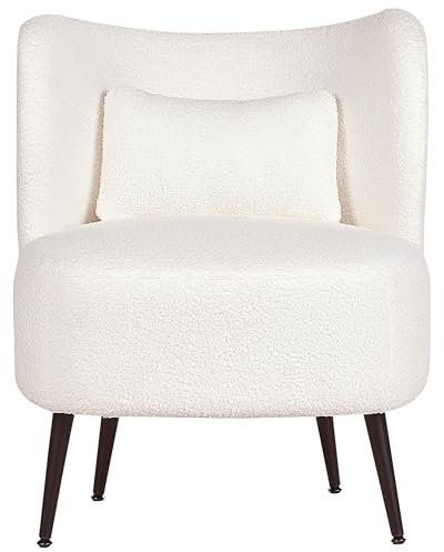 Beliani Fauteuil Bouclé Blanc à Dossier Incurvé et Pieds Noirs Obliques Salon Design Otsby