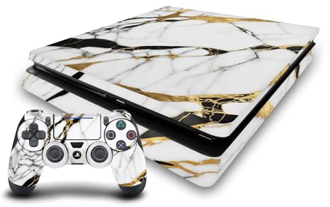 Head Case Designs Weiß, Gold Und Schwarz Marmor Vinyl Haut Gaming Aufkleber Abziehbild Abdeckung kompatibel mit Sony PlayStation 4 PS4 Slim Console and DualShock 4 Controller