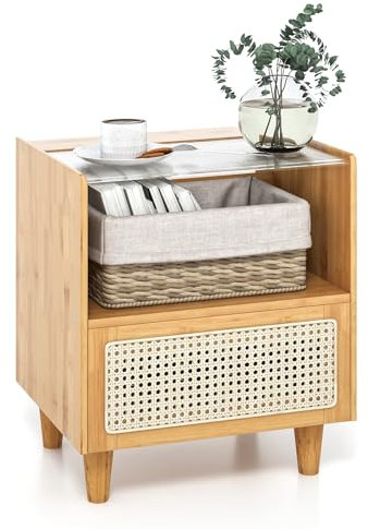 RELAX4LIFE Nachttisch mit Rattan-Schublade & Offenem Regal, Nachtschrank mit Glastischplatte & Kabelschlitze, Nachtkonsole aus Bambus, Beistelltisch für Wohnzimmer Schlafzimmer (1, Natur)