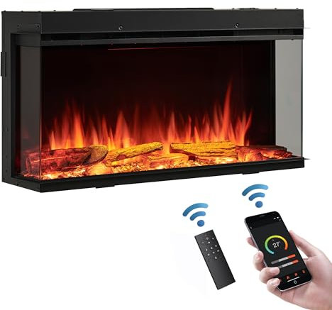 FLAMME 35”/90cm Knighton Platinum Smart Inset Media Wall Electric Fireplace 1-2-3 sided View Compatible with Alexa and Google Assistant Deep Fuel Bed Perfect for Media Wall