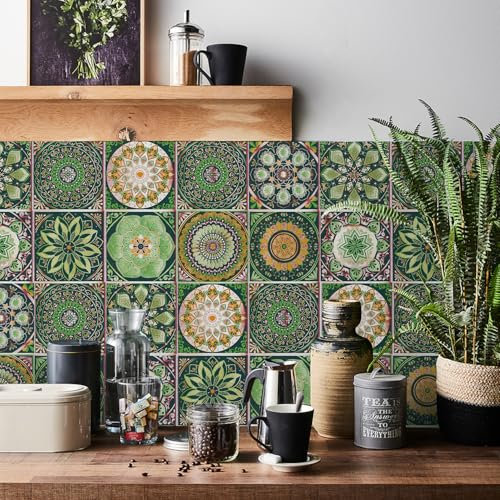 HORIWE Tile Stickers Vintage Moroccan Wall Decal Sticker Adhesive Tile Art DIY Kitchen Bathroom Backsplash Floor Home Decor PVC Waterproof Oil Proof New 4x4 Inches 24pc…