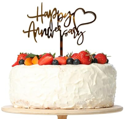 Happy Anniversary Cake Topper, Gold Acrylic Cake Decoration for Wife Husband Anniversary Party Celebration