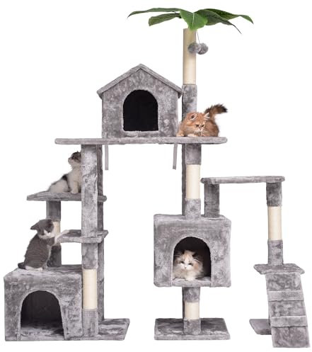 Cat Tree, 151cm Cat Scratching Post Stable Cat Tower for Indoor Cat, Activity Centre Cat Climbing Tree with 3 Cat Houses, 5 Sisal Posts, Ladder, and Rest Place