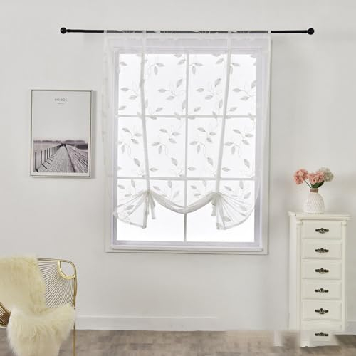 XNSHUN Raffrollo Mit Schlaufen Raffgardinen Gardinen, Küche Bindegardine Scheibengardine, Voile Transparentes Bändchenrollo, Für Schlafzimmer, Badezimmer, Küche,1er Pack (BxH 120x120cm,Foliage)