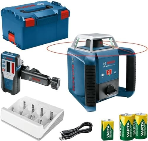 Bosch Professional Rotationslaser GRL 400 H (Ein-Knopf-Bedienfeld, max. Arbeitsbereich: 400 m (Durchmesser), Laserempfänger LR 1, wiederaufladbare Batterien (2xD, 1x9V), Ladegerät, in L-Boxx)