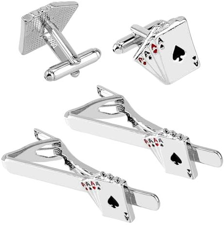SUPERFINDINGS 4 Stück Manschettenknöpfe Und Krawattenklammer Set Mit Poker Spielkarten Krawattenklammern Für Herren Lustige Manschettenknöpfe Aus Emaille Legierung Für Herrenanzüge