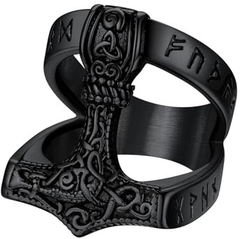 Supcare Ringe für Herren Thors Hammer Fingerring Viking Rune Ring Edelstahl Männer Wikinger Schmuck Mjölnir Freundschaftsring Punk Siegelring Statement Ring Schwarz Bandring Modeschmuck für Jungen
