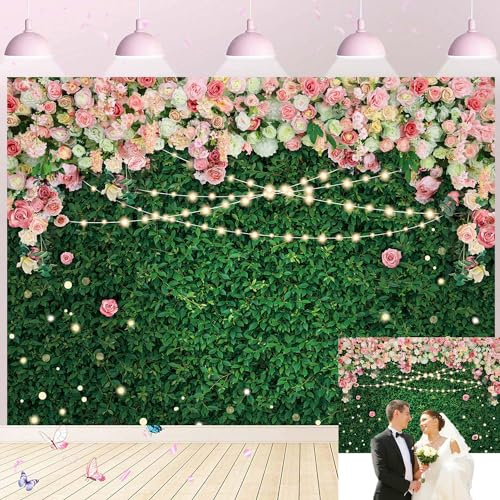 Flower Greenery Backdrop Floral Green Grass Lawn Glitter Party Photography Background Kids Adults Birthday Newborn Baby Shower Wedding Bridal Shower Party Cake Table Decoration (7x5FT)