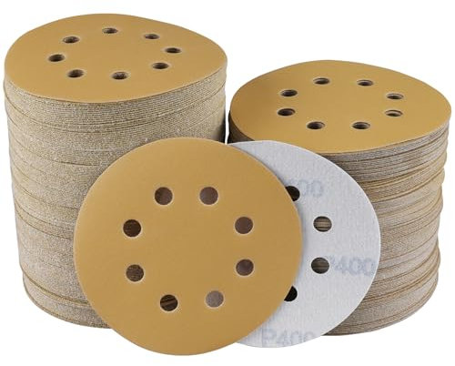 Sruhrak 100 Pcs 125mm Sanding Discs, 400 Grit Nylon Adhesive Sanding Pads 5 Inch 8 Hole Hook and Loop Sanding Disc for Orbital Sander