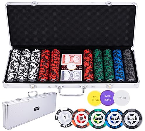 Engelhart - 320920 – Poker-Set – Koffer aus versilbertem Metall – 500 Chips 14 g kleine Einsätze (1 bis 100) + 2 Kartenspiele, 3 Dealerknöpfe, 5 Würfel