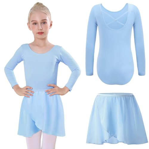 Bezioner Body Danza Classica Bambina con Gonna Rimovibile Vestito da Balletto Gonnellino Danza Manica Lunga Blu 130 (8-10 anni,130-140 cm)