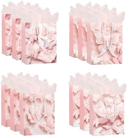 12pcs Medium Gift Bags with Tissue Paper,9'' Pink Butterfly Gift Bags with Handles for Shopping Parties Wedding Bridal Showers Baby Shower Holiday Presents (12)