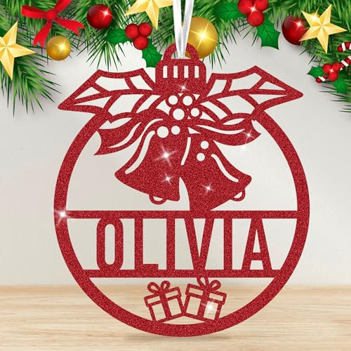 Personalised Christmas Bauble Glitter Christmas Tree Decorations 2025 Xmas Baubles Custom Name Hanging Ornament Gifts for Family Friends Kids (Jingle Bell)