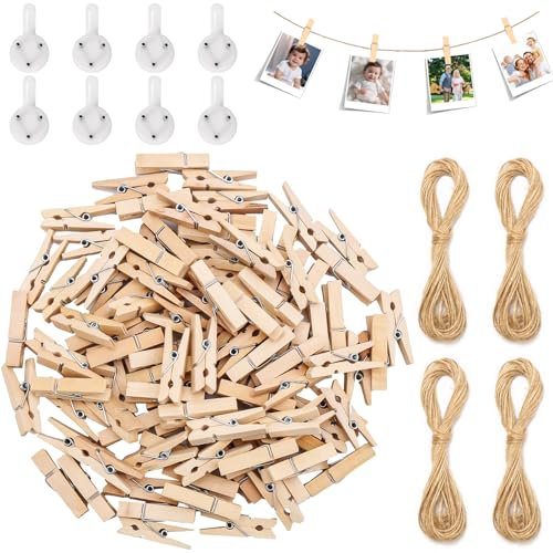 ZDNT 200 Pièces Mini Pinces à Linge en Bois 3.5cm - Clips Photo Jute Corde 40m et Clous 40 pour Artisanat Art DIY Décoration Mariage Party